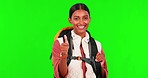 Happy, green screen and female explorer in a studio ready for an adventure or journey with backpack. Smile, thumbs up and portrait of woman traveler with approval gesture by a chroma key background.