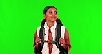 Hiking, travel and walking with a woman on a green screen background in studio to explore for adventure. Freedom, happy and sightseeing with a young female hiker on a backpack trip against chromakey