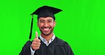 Graduate, man portrait green screen with thumbs up for success, scholarship and motivation. Male person, smile and emoji hand sign for success, trust and university scholarship goals with yes gesture