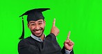 Graduate, man portrait and green screen with hands pointing for education and college deal. Male person, smile and excited for university advertising, funding choice and graduation information