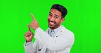 Face, doctor and man with green screen, pointing and support with decision, choice and opportunity on a studio background. Portrait, male person and medical professional with healthcare promotion 