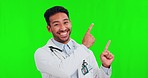 Face, doctor and Asian man with green screen, pointing and presentation with wellness, choice and opportunity on a studio background. Portrait, male person and healthcare professional with promotion