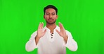 Asian man, tai chi and spiritual energy on green screen in healthy exercise against a studio background. Portrait of calm male person in motion meditation, self defense or inner peace on mockup space