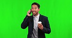 Surprise, phone call and business man on green screen for news, announcement or opportunity, winning and success. Wow, excited asian person walking, mobile chat and celebration on studio background
