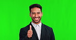 Business man, thumbs up and smile on green screen for support, thank you and motivation. Portrait of professional asian person on studio background with hand sign or like emoji for review or feedback