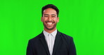 Business man, smile or laughing on green screen with happy mindset and motivation. Portrait of professional asian person in corporate clothes on studio background nodding for good review or feedback