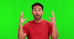 Man, shock face and wow by green screen for deal, sale or news announcement in mock up by studio background. Young male person, student and surprise with mind blown for notification, story or alert