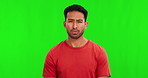 Face, confused and shock with a man on a green screen background in studio looking mind blown or surprised. Portrait, question and frown with a young male person problem solving on chromakey mockup