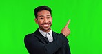 Face, green screen and man pointing, business or excited with announcement, presentation or promotion on a studio background. Portrait, male person or agent with hand gesture, notification or showing