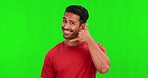 Call, happy and man in a studio with green screen for communication, contact or phone gesture. Happiness, smile and portrait of a male model with a mobile expression isolated by chroma key background