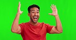 Shock, celebration and man in a studio with green screen for omg, wow or wtf expression. Surprise, celebrate and excited male person winner cheering with fist pump isolated by a chroma key background