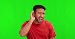 Green screen, man face and hand on ear for listen, huh or speak up expression on mockup background. Volume, portrait and asian male person with gesture for pardon, what or hearing, whisper or secret