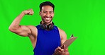 Happy, flex and man in a studio with green screen standing with a clipboard for workout plan. Sports, fitness and portrait of male personal trainer with checklist isolated by a chroma key background.
