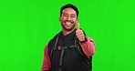 Asian man, hiker and thumbs up on green screen for travel, adventure or backpacking against a studio background. Portrait of happy male person or traveler thumb emoji, yes sign or like for approval