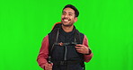 Backpack, green screen and man hiking for travel adventure, eco friendly or carbon footprint journey. Sightseeing and tourism person walking, trekking and mockup space for nature on studio background
