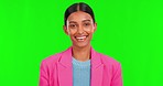Smile, face and Indian woman in green screen studio laughing, joke or funny expression on mockup background. portrait, happy and female person with humor, reaction and good mood or comedy with space