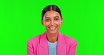 Thinking, agreement and face of woman in green screen studio with decision, plan or solution on mockup background. Portrait, smile and Indian lady person for aha emoji, choice or problem solving idea