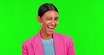 Happy, face and woman wink on green screen, studio and flirting on mockup chroma key. Portrait, indian female model and smile with blink, secret and fun personality of girl in good mood, emoji or joy