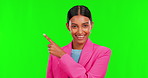Green Screen, woman and portrait of pointing to choice, option or professional decision in corporate, business or startup. Indian, businesswoman and person to show an opinion, offer or information