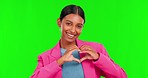 Heart, love and sign language, Indian woman on green screen with hand gesture and affection symbol or sign. Emoji, feedback and communication, female person in portrait and support, care and mockup