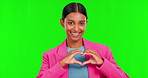 Happy woman, heart hands and green screen for love, compassion or care against a studio background. Portrait of female person with loving emoji, shape or icon in romantic gesture or support on mockup