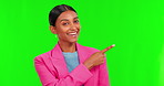 Green Screen, woman and portrait of pointing to choice, option or professional decision in corporate, business or startup. Indian, businesswoman and person to show an opinion, offer or opportunity