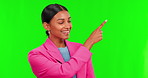 Woman, green screen and portrait of pointing to choice, option or professional decision in corporate, business or startup. Indian, businesswoman and person to show an opinion, offer or information