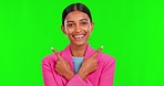 Pointing, mockup and face of a woman on a green screen for business tips and information. Happy, marketing and a portrait of a female worker with a gesture to space isolated on a studio background