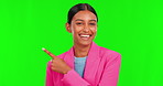 Green Screen, woman and portrait of pointing to choice, option or secret decision in corporate, business or startup. Indian, businesswoman wink and person to show an opinion, offer or information