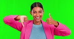Green screen, vote and woman face with thumbs up or down, confused and review on mockup background. Feedback, doubt and portrait of Indian female model unsure with choice, decision and unsure emoji