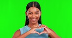 Sign language, love and woman with heart, green screen with emoji and hand gesture on studio background. Sign of affection, feedback and communication, female person in portrait with support and care