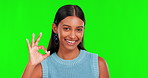 Okay, happy and face of woman on green screen for support, motivation and agreement. Success, winner and vote with portrait of person on studio background for feedback, thank you and yes emoji