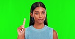 No, finger and face of indian woman on green screen, studio and shake head for stop, wrong sign or warning. Portrait, hand and female model with feedback of bad review, negative emoji and rejection