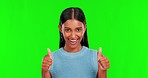 Face, green screen and Indian woman with thumbs up, pointing and excited on a studio background. Portrait female person and model with hands, agreement or promotion with review, presentation and deal