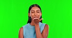 Face, woman and blowing kiss on green screen, studio and excited for love, care and flirting. Portrait of happy indian model, air kissing and smile of romance, happiness and emoji on valentines day

