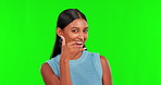 Call me, smile and woman flirting on green screen with smile, laugh and hand gesture. Portrait of happy Indian female model with emoji, sign or hands for contact, talking and communication in studio