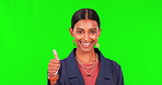 Thumbs up, support and face of woman on green screen for  happy motivation and agreement. Success, winner and vote with portrait of person on studio background for feedback, thank you and yes emoji
