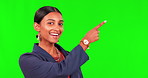 Happy, businesswoman with hand gesture for plan and against a green screen with smile. Timeline or information, mockup space or listen and young woman pose for presentation or contact in chroma key
