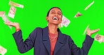 Happy woman, money rain and winning on green screen in financial freedom against a studio background. Female person in joy for cash, savings or loan in lottery, prize or celebration on mockup space