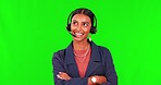 Business woman, call center and consulting on green screen with headphones against a studio background. Happy female person, consultant or agent talking on headset in customer service on mockup space