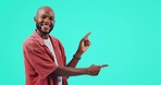 Black man, pointing with advertising and direction, presentation with opportunity and promo offer on blue background. Male person in portrait, brand marketing with mockup space and news in studio