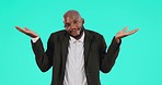 Face, business and black man confused, shrug and decision on a blue studio background. Portrait, male person or copywriter with doubt, solutions and opportunity with choice, uncertainty and questions