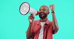 Happy black man, megaphone and shout in studio with fist celebration, announcement or speech by blue background. Young African guy, student activist and bullhorn for news, information and promotion