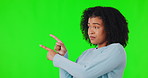 Woman, pointing or green screen for advertising space, promotion announcement or marketing. Face, show chart or hands of girl on studio background for mockup sale info, marketing deal or choice list