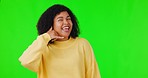 Green screen, face and woman with call me hands for news, announcement or communication on mockup background. Portrait, emoji and female person with calling sign for social, voice or studio promotion