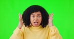 Omg, girl and portrait with wtf and shock expression in studio with green screen background. Surprise reaction, wow face and female person with unexpected news, gossip and announcement with emoji.