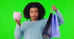 Green screen, choice and woman face with shopping bag and piggy bank in studio on mockup background. Budget, risk and lady with decision, banking or sale, discount and promotion, inflation or crisis