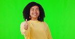 Green screen, smile or happy woman with thumbs up for like, okay or sale on studio background. Approve, bonus or face portrait of girl smiling with yes hand sign for discount deal, offer or promotion