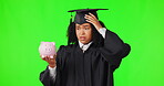 Piggy bank, graduation stress and woman on green screen for savings, loan and debt problem and budget. Money, education and graduate, student or african person with depression on studio background