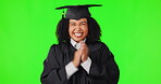 Graduation, green screen or excited face of woman in studio for education, college or scholarship success. Applause, university student portrait or happy graduate with smile, pride or academic degree